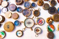 Beautiful and colorful vintage compasses, travel background Royalty Free Stock Photo