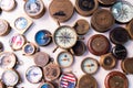 Beautiful and colorful vintage compasses, travel background Royalty Free Stock Photo