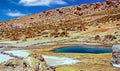 Beautiful colorful volcanic landscape, geothermal valley with natural dark blue hot pool, dry arid desert mountain - El Tatio Royalty Free Stock Photo