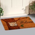 Beautiful Colorful Welcome zute doormat with Tree and Night Owl outside home with yellow flowers and leaves Royalty Free Stock Photo