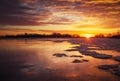 Beautiful winter landscape with frozen lake and sunset Royalty Free Stock Photo