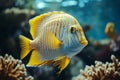 Beautiful colorful yellow sea fish live in an aquarium among various algae and corals. Royalty Free Stock Photo