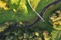 Beautiful colors of autumn. Forest, meadow and river with bridge photographed with a drone on sunny day. Royalty Free Stock Photo