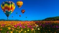 Beautiful colors of the hot air balloons flying on the cosmos flower field at chiang rai Royalty Free Stock Photo