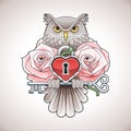 Beautiful colour tattoo design of an owl holding a key with a heart locket and pink roses