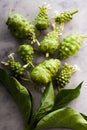 Beautiful colour and texture of Morinda citrifolia originates from Southeast Asia. Arrange on marble background, bright light.