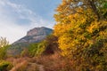 Beautiful colourful autumn landscape in mountains with countryside road Royalty Free Stock Photo