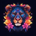 beautiful colourful neon floral lioness illustration