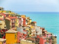 Beautiful colourful historic houses on the hills of Manarola, a popular tourist attraction destination, part of the famous Cinque