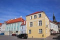 Beautiful colourful medieval buildings including the old post office & roof tops in the UNESCO city, Old Town, Tallinn, Estonia