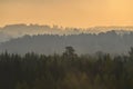 Beautiful colourful sunrise over thick forest in autumn