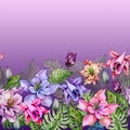 Beautiful columbine flowers or aquilegia and exotic monstera leaves on purple background.