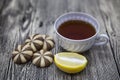 Beautiful composed on wooden background Cup of tea lemon and biscuits Royalty Free Stock Photo