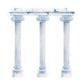 Beautiful composition with antique columns of the ancient Greek architecture. Stock clipart watercolor hand drawn