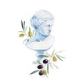 Beautiful composition with antique statue head bust of the Greek goddess Aphrodite. Stock clipart watercolor hand drawn