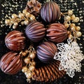 A beautiful composition of Christmas tree decorations and balls, golden twigs and black sequins. New Year and Christmas background