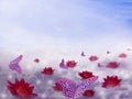 Beautiful composition of clouds, flowers and butterflies on a blue background with free space for text Royalty Free Stock Photo