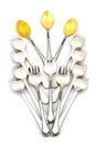 Beautiful composition of dessert spoons and forks on a white background Royalty Free Stock Photo