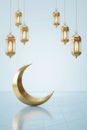 Golden Crescent Moon and Hanging Lanterns for Islamic Celebrations Royalty Free Stock Photo