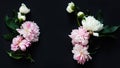 Beautiful composition in the form of a frame of pink peonies and leafage.