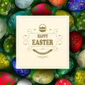 Beautiful composition of green tint with a set of Easter eggs and a light square frame with a basket and text