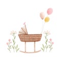 Beautiful composition with hand drawn watercolor baby cradle crib air baloons and flowers. Stock clip art illustration