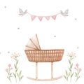 Beautiful composition with hand drawn watercolor baby cradle crib birds and flowers. Stock clip art illustration for