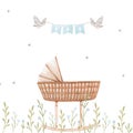 Beautiful composition with hand drawn watercolor baby cradle crib birds and flowers. Stock clip art illustration for boy