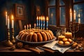 Beautiful composition for hanukkah on wooden table