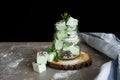 A beautiful composition marshmallows of mint in a glass jar with sprigs of fresh mint on the table