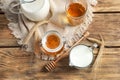 Beautiful composition with milk and honey Royalty Free Stock Photo