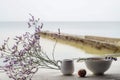 Composition of mountain lavender flowers and delicious lunch, hot soup in a white plate, a small vessel with sour cream and chestn Royalty Free Stock Photo