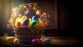 Beautiful composition of painted Easter eggs and an Easter basket decorated with wild flowers and grass is located on oak boards Royalty Free Stock Photo