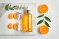 Beautiful composition with perfume and fruits Royalty Free Stock Photo