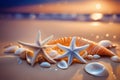 Beautiful composition of shells starfish and pebbles lying on the sand on the seashore Royalty Free Stock Photo