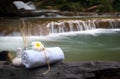 Beautiful composition of spa accessories on waterfall background Royalty Free Stock Photo