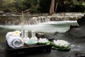 Beautiful composition of spa accessories on waterfall background Royalty Free Stock Photo