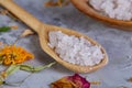 Composition of spa treatment on white background. Sea salt and flowers background, close up, top view, selective focus. Royalty Free Stock Photo