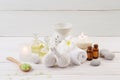 Beautiful composition of spa treatment on wooden background. Royalty Free Stock Photo