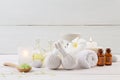 Beautiful composition of spa treatment on wooden background. Royalty Free Stock Photo