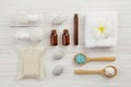 Beautiful composition of spa treatment on wooden background top Royalty Free Stock Photo