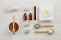 Beautiful composition of spa treatment on wooden background top Royalty Free Stock Photo