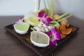 Beautiful composition of spa treatment on wooden table Royalty Free Stock Photo
