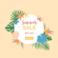 Beautiful composition for summer sale and discount promotion or advertisement decorated with exotic palm leaves