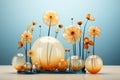 Beautiful composition of unusual decorative flowers in a stylish glass vase. floral background, postcard