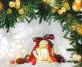 Beautiful composition with vintage Christmas lantern and festive decorations on snow against color background. Bokeh effect Royalty Free Stock Photo