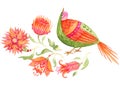 Beautiful composition of watercolor paradise flowers and cute bird. Fairytale folk hand painted illustration. Isolated