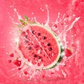 Watermelon with strawberry and black currant in milk splash on pink background Royalty Free Stock Photo