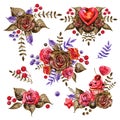 Beautiful compositions of chocolate roses, leaves, berries on a white isolated background. Watercolor hand-drawn