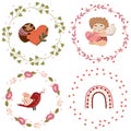 Beautiful compositions with flower wreaths and a cute cupid, a sloth in love, a rainbow. Bright illustrations for